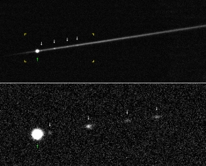 L'asteroide attivo P/2012 F5 osservato dal Keck II con lo strumento DEIMOS nel 2014. Il pannello in alto mostra un'immagine a grande campo, con il nucleo e i frammenti lungo una scia. Il pannello in basso mostra un dettaglio del nucleo e dei frammenti. Crediti: M. DRAHUS, W. WANIAK (OAUJ) / W. M. KECK OBSERVATORY
