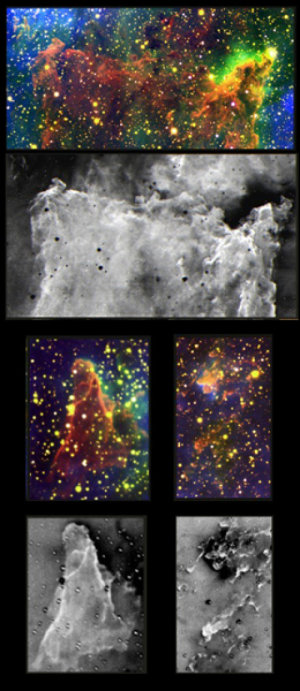 In questo collage, ogni immagine in bianco e nero corrisponde all'immagine colorata al di sopra. Nei riquadri in bianco e nero, il nero corrisponde all'idrogeno atomico e il nero all'idrogeno molecolare. Nelle immagini a colore, il rosso indica l'idrogeno molecolare, il verde mostra dove l'idrogeno è stato ionizzato e il blu corrisponde a elevate del gas associato alla ionizzazione vicino massicce stelle di tipo O. Crediti: P. Hartigan/Rice University