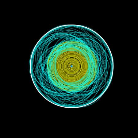 Lo schema rappresenta una fase della simulazione, che mostra una delle fasi primordiali del sistema solare, durante la migrazione di Giove verso l'interno. L'orbita di Giove è quella spessa e bianca, in turchese le orbite dei planetesimi e in giallo il disco planetario, imperturbato dal passaggio di Giove. Crediti: K.Batygin/Caltech