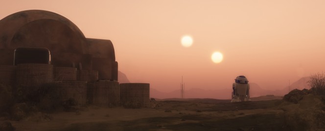 R2-D2 (o C1-P8 per i nostalgici della prima saga) attraversa il panorama di Tatooine in una scena di Guerre Stellari.