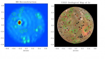  Io visto da LBT (a sinistra) il 24 dicembre del 2013 confrontato con la mappa della US Geological Survey elaborata sulla base delle immagini raccolte dalle missioni Voyager 1, Voyager 2 e Galileo della NASA. La regione del vulcano Loki è la zona in rosso nella ripresa di LBT. Crediti: LBTO-USGS