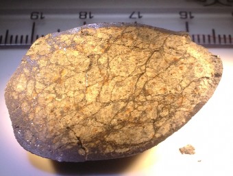 Un campione del meteorite precipitato nella regione di Chelyabinsk nel 2013. Le venature e le zone scure sono indizi di violenti impatti con altri corpi celesti avvenuti nei primordi del Sistema solare. Crediti: Qingzhu Yin, University of California, Davis