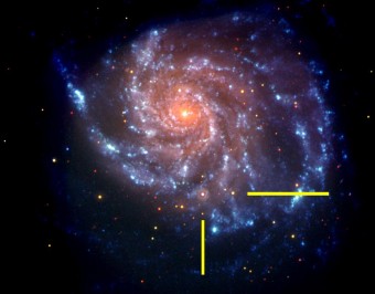 La galassia M101 osservata dal telescopio spaziale Swift, con l'emissione ultravioletta rappresentata in blu e quella ottica in rosso. Evidenziata dalle barre gialle, la supernova SN 2011fe. Crediti: NASA/Swift