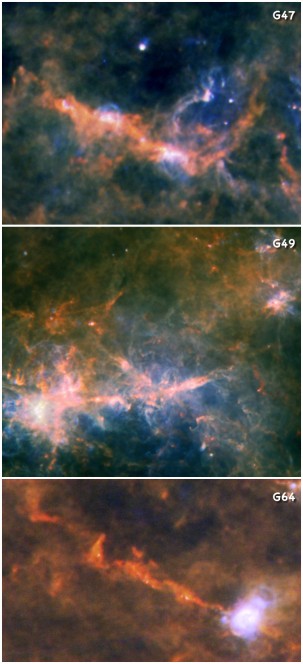 I tre enormi filamenti di gas e polveri osservati da Herschel. Partendo dall'alto: G47 (pari a 20mila masse solari), G49 (80mila masse solari) e G64 (5mila masse solari). Crediti: ESA/Herschel/PACS/SPIRE/Ke Wang et al. 2015