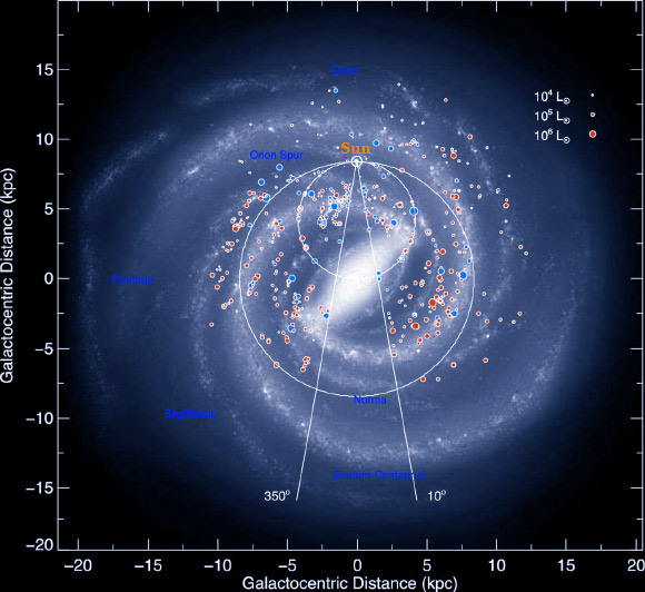Mappa a spirale della Via Lattea ottenuta sulla base dello studio di Urquhart e collaboratori. Crediti: Urquhart et al 2013, R. Hurt, il Science Center Spitzer, R. Benjamin