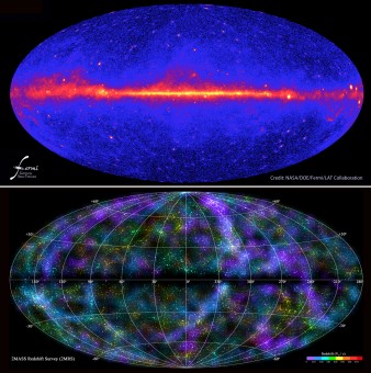 In alto, il cielo gamma osservato da Fermi della NASA. In basso, una delle mappe a tutto cielo della survey 2MASS