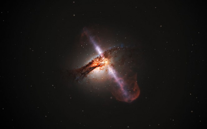 Rappresentazione artistica getti ad alta velocità da buchi neri supermassicci avrebbero cercato. Tali flussi di plasma sono il risultato della estrazione di energia dalla rotazione un supermassiccio buco nero che consuma il disco di materiale che circonda vorticoso. Questi getti hanno emissioni molto forti a lunghezze d'onda radio. Credit: ESA / Hubble, L. Calçada (ESO)