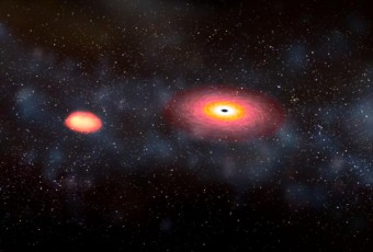 Rappresentazione artistica di un sistema binario costituito da un buco nero e una stella di neutroni prossimi alla fusione. Crediti: Dana Berry/NASA