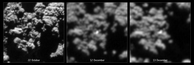 Confronto delle immagini "prima" e "dopo" del candidato promettente situato vicino l'ellisse dii CONSERT come appare nelle immagini dalla camera ad angolo stretto di OSIRIS. Ogni immagine copre circa un'area 20 x 20 m sulla cometa 67P. L'immagine a sinistra risale al 22 ottobre (prima dello sbarco di Philae) ed è stata scattata da una distanza di circa 8 km dalla superficie della cometa, mentre le immagini al centro e a destra mostrano la stessa regione osservata il 12 e il 13 dicembre (quindi dopo l'atterraggio) da una distanza di 18 km. Il candidato è visibile solo nelle due immagini successive e le condizioni di illuminazione sono molto simili nelle tre immagini. Crediti: ESA/Rosetta/MPS per il team OSIRIS MPS/UPD/LAM/IAA/SSO/INTA/UPM/DASP/IDA