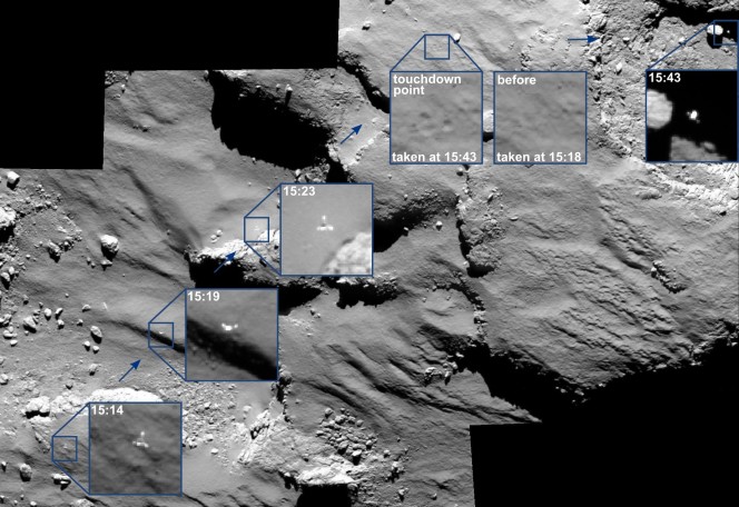 Queste incredibili immagini mostrano il viaggio mozzafiato di Philae durante il suo avvicinamento e il primo rimbalzo sulla cometa 67P il 12 novembre il 2014. Il mosaico si compone di una serie di immagini catturate dalla camera OSIRIS in un intervallo di tempo di 30 minuti. Crediti: ESA/Rosetta/MPS, per il team OSIRIS MPS/UPD/LAM/IAA/SSO/INTA/UPM/DASP/IDA