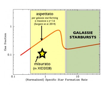 Il grafico evidenzia come la frazione di gas derivata per XID2028 dai dati molecolari ottenuti con il radiotelescopio Plateau de Bure Interferometer (indicata con una stella) è risultata essere minore di quella attesa per galassie di medesima massa stellare, alla stessa distanza e con la stesso tasso di formazione stellare in corso (da Brusa et al. 2015, adattato)