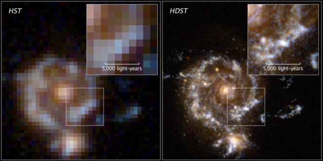 Prestazioni a confronto. In queste due immagini, la risoluzione con la quale Hubble vede una galassia a 10 miliardi di anni luce confrontata con una simulazione di quanto promette di fare HDST. Crediti: D. Ceverino, C. Moody, G. Snyder e Z. Levay / STScI.