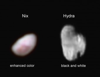 La luna di Plutone Nix (sx) ripresa dallo strumento Ralph di New Horizons da 165.000 km di distanza è qui mostrata in colori enfatizzati. La forma irregolare della luna Hydra è ben visibile nell’immagine a dx, ottenuta dallo strumento LORRI il 14 luglio 2015 da circa 231.000 kilometri.  Crediti: NASA / JHUAPL / SWRI