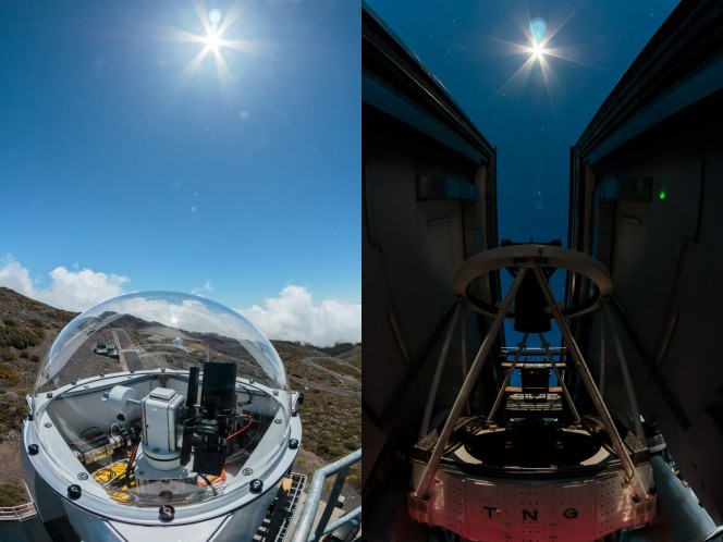 Sinistra: Il piccolo telescopio solare installato sulla parete Sud della cupola del TNG, inizia le osservazioni la mattina per inviare la luce del Sole verso Harps-N. Destra: Osservazioni notturne al TNG con Harps-N e l'Astro Comb. Con l'aggiunta del telescopio solare il turno di lavoro di Harps-N si avvicina alle 24h. (foto: Alex Glenday)