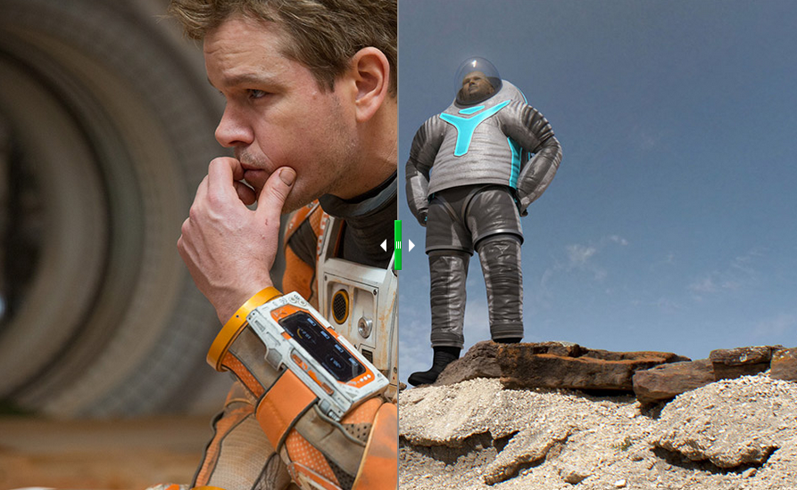A sinistra: Matt Damon nei panni dell'astronauta della NASA Marc Watney- A destra: il prototipo della tuta Z-2. Crediti: Giles Keyte/NASA