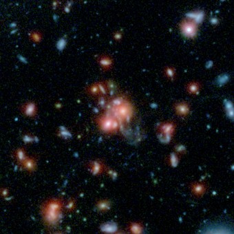 L'ammasso galattico SpARCS1049 come appare dalla combinazione delle immagini raccolte dai telescopi spaziali Spitzer (nell'infrarosso) e Hubble (nella radiazione visibile). Crediti: NASA/STScI/ESA/JPL-Caltech/McGill