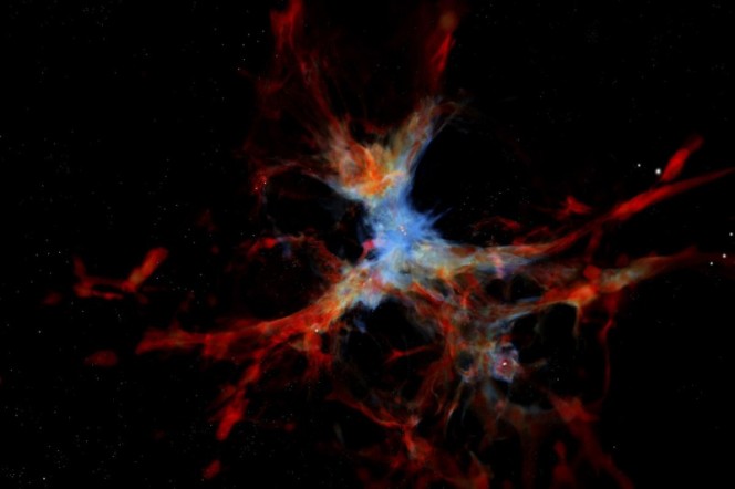 Simulazione di una galassia nana circondata da gas caldo (rosso) e freddo (blu). Crediti: Ralf Kaehler, Zuse Institute Berlin/NASA