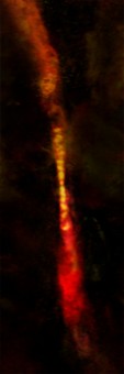 I due getti emessi dalla protostella CARMA-7 osservati da ALMA, che si estendono per quasi 2.500 miliardi di chilometri. La loro struttura rivela un'emissione pulsata dalla stella in formazione, non visibile nell'immagine. Crediti: B. Saxton (NRAO/AUI/NSF); A. Plunkett et al.; ALMA (NRAO/ESO/NAOJ)