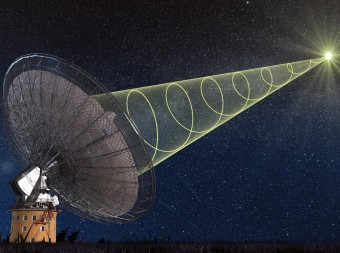 Rappresentazione artistica di un Fast Radio Burst (FRB) il cui segnale polarizzato viene captato dal radiotelescopio di Parkes in Australia. Crediti: Swinburne Astronomy Productions