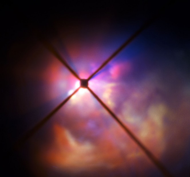 In questa vista molto ravvicinata di SPHERE la stella stessa è nascosta dietro un disco che la oscura. Le croci sono artefatti dovuti alle caratteristiche dello strumento. Crediti: ESO