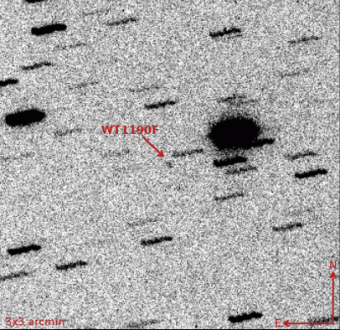 Sequenza animata di WT1190F presa il 7/11/2015 con il telescopio Cassini di 1,52m di Loiano (BO), quando l’oggetto si trovava a 550.000 km dalla Terra, oltre l’orbita della Luna. Crediti: INAF / Buzzoni et al.