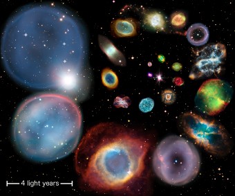 Un collage di 22 nebulose planetarie disposte per ordine crescente di dimensione, calcolata con il nuovo metodo proposto dai ricercatori dell'Università di Hong Kong. Crediti: ESA/Hubble & NASA, ESO, Ivan Bojicic, David Frew, Quentin Parker