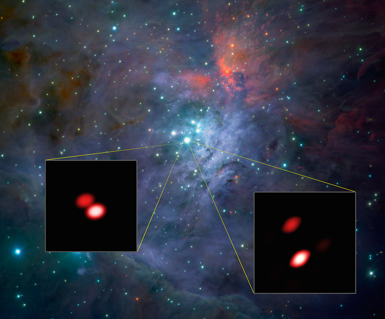 L'immagine di sfondo proviene dallo strumento ISAAC sul VLT dell'ESO. La veduta delle due stelle ottenuta da GRAVITY, negli inserti, rivela il maggior dettaglio raggiungibile, anche più di quanto si possa osservare con il telescopio spaziale Hubble della NASA/ESA. Crediti: ESO/GRAVITY consortium/NASA/ESA/M. McCaughrean