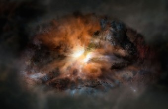 Rappresentazione artistica di W2246-0526, una galassia che da sola brilla di luce infrarossa come 350 trilioni di soli. Crediti: NRAO/AUI/NSF; Dana Berry / SkyWorks; ALMA (ESO/NAOJ/NRAO)