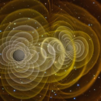 Simulazione 3D di onda gravitazionale prodotta da due buchi neri orbitanti. Crediti: Henze, NASA
