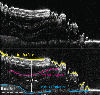 Un esempio di cosa “vede” un radar in questa sezione della calotta polare marziana settentrionale ottenuta da SHARAD. Crediti: NASA/JPL-Caltech