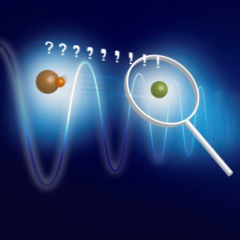 Concetto di base dell'esperimento: MgH+ (arancione) e Mg+ (verde) sono bloccati insieme in una trappola ionica lineare. Il composto di due ioni viene raffreddato allo stato di moto fondamentale tramite lo ione atomico. Una forza di dipolo oscillante cambia lo stato dinamico a seconda dello stato rotazionale dello ione molecolare. Questo cambiamento può essere rilevato sullo ione atomico. Crediti: PTB