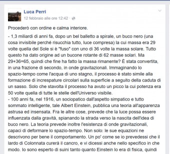 Il post sul profilo Facebook di Luca Perri 