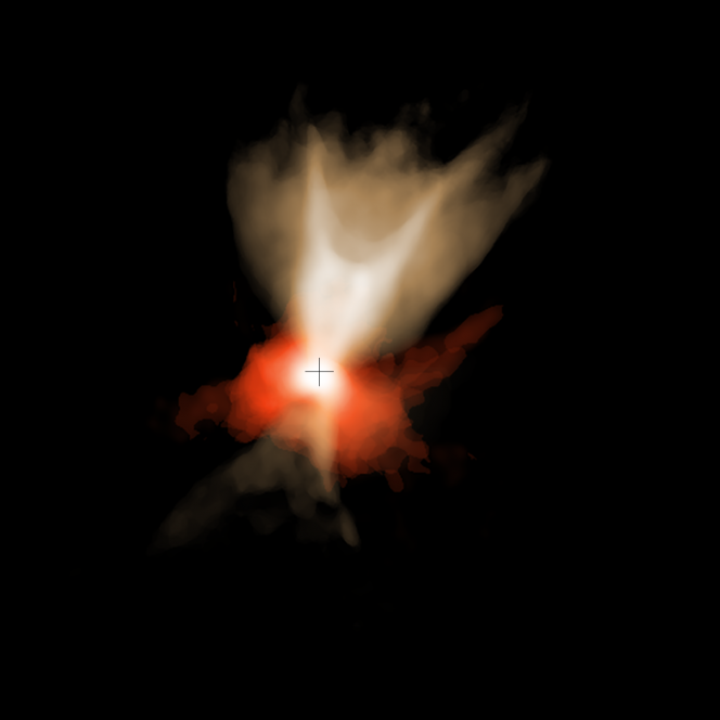 Il denso strato di gas osservato attorno alla stella con ALMA è mostrato in rosso. Il gas è mostrato in bianco. La posizione della stella è indicata con una croce. Crediti: ALMA (ESO/NAOJ/NRAO), Aso et al.