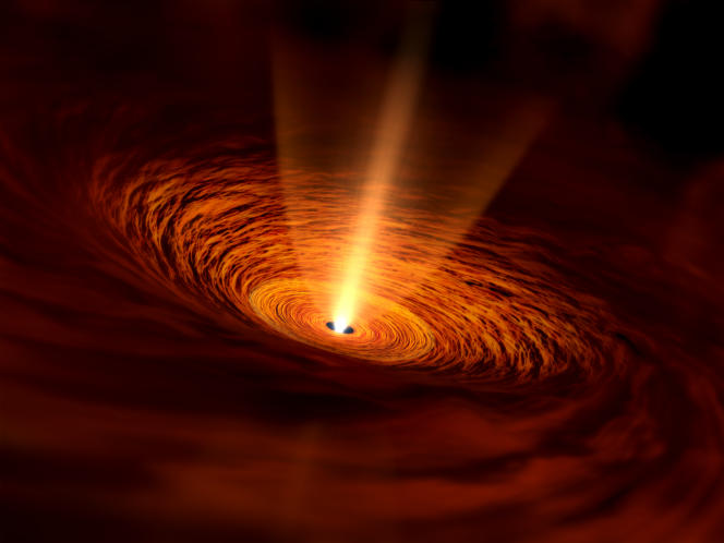 Rappresentazione artistica della giovane stella TMC-1A, che si trova al centro di un disco rotante di gas. Crediti: NAOJ