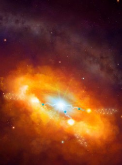 Rappresentazione artistica delle nubi molecolari giganti che circondano il centro galattico mentre vengono bombardate da protoni ad alta energia ed emettono raggi gamma. Crediti: Dr Mark A. Garlick/H.E.S.S. Collaboration