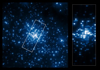 A sinistra: la parte centrale dell'ammasso R136 osservato nell'ultravioletto da Hubble. A destra: immagine di vari spettri raccolti nell'ultravioletto dallo strumento STIS che hanno permesso di ottenere le proprietà delle stelle dell'ammasso. Crediti: Credit: ESA/Hubble, NASA, K. A. Bostroem (STScI/UC Davis)