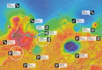 Infografica: tutte le missioni su (e attorno a) Marte. Clicca sull'immagine per ingrandirla. Crediti: Google Mars. Grafica: Davide Coero Borga - MediaINAF.