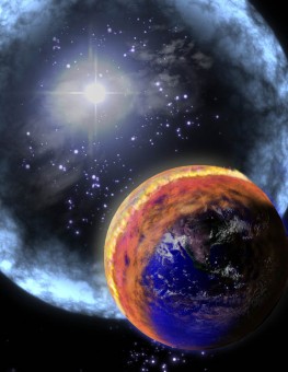 Rappresentazione artistica d'un raggio gamma mentre investe l'atmosfera terrestre .Crediti: NASA