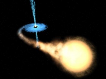 Rappresentazione artistica di un microquasar con un buco nero che accresce materia da una stella compagna dando vita a un disco e un getto. Crediti: NASA/ESA