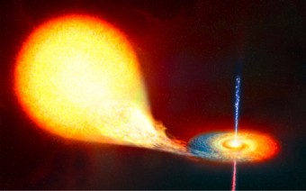 Rappresentazione artistica di un sistema binario come V404 Cygni, formato da un buco nero che strappa materiale da una stella compagna. Crediti: ESA 