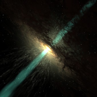 Una quasar nel rendering di un artista. Il buco nero supermassiccio al centro dell’immagine viene alimentato da un disco di gas e polvere, producendo un’espulsione di materiali prossima alla velocità della luce. Crediti: Wolfgang Steffen, Institute for Astronomy, UNAM, Mexico.