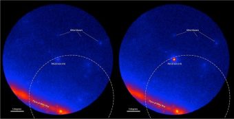 Immagini dello strumento LAT a bordo di Fermi mostrano il cielo in raggi gamma attorno al blazar PKS B1424-418. I colori più chiari indicano un numero maggiore di raggi gamma. L'arco tratteggiato segna parte della regione di origine stabilita da IceCube per il neutrino Big Bird (livello di confidenza del 50 per cento). A sx, media di 300 giorni quando il blazar era inattivo; a dx, media di 300 giorni attivi centrata sul 27 febbraio 2013, quando PKS B1424-418 era il blazar più brillante in questa parte del cielo. Crediti: NASA/DOE/LAT Collaboration