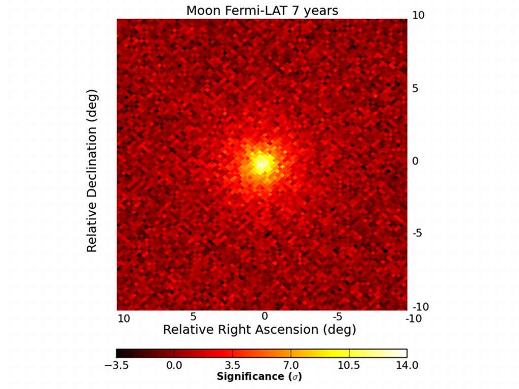 La Luna ai raggi gamma di Fermi. L'immagine è stata realizzata grazie ai dati raccolti dal 2008 al 2015 dal Fermi LAT. Crediti: NASA, DOE, International Fermi LAT Collaboration