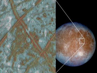 Un’immagine a falsi colori mostra la superficie di Europa. L'inserto mostra alcune regioni in cui le placche si separano e si muovono. Crediti: NASA/JPL