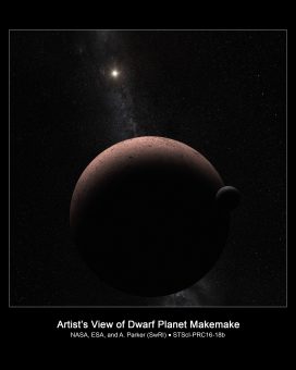 Rappresentazione artistica del sistema composto dal pianeta nano Makemake e il suo satellite. Crediti: NASA/ESA/A. Parker (Southwest Research Institute)