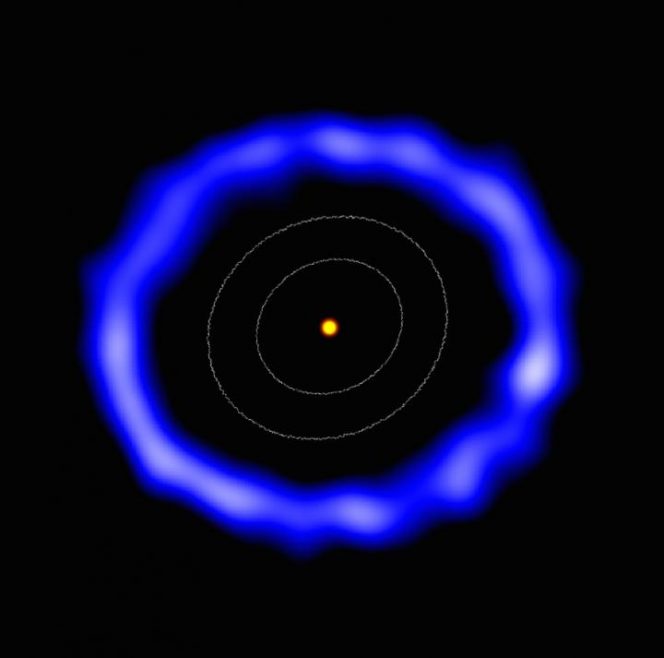 L'immagine di ALMA che ha ripreso l'anello di comete intorno HD 181.327 (i colori sono stati cambiati). I cerchi bianchi rappresentano la dimensione della fascia di Kuiper nel Sistema Solare. Credit: Amanda Smith, Università di Cambridge