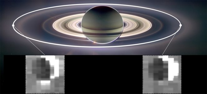 L'attrazione gravitazionale di Saturno modifica la quantità di particelle che vengono espulse dal polo Sud di Encelado in base alla posizione nella sua orbita. Più particelle ci sono e più il pennacchio appare luminoso (immagine a infrarossi a sinistra). Crediti: NASA/JPL-Caltech/University of Arizona/Cornell/SSI