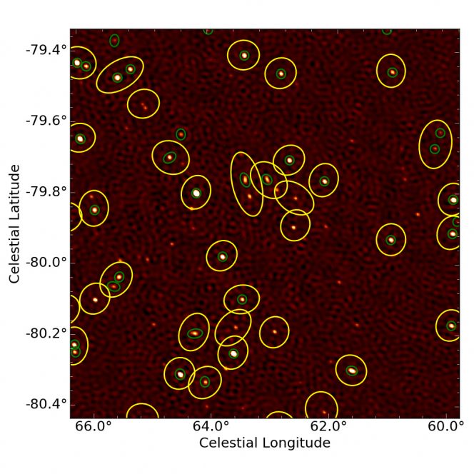 Image from test observation done with 4 MeerKAT dishes on 14 May 2016. More than 50 radio sources (white dots) are visible in this 1 square degree panorama (corresponding to 5 times the area of the Moon). Unlike an ordinary picture of the sky that mainly shows stars in our own Milky Way Galaxy, these dots arise from galaxies in the distant universe emitting radio waves at a frequency of 1400 MHz (15 times the frequency of FM radio stations). Crediti: SKA Africa