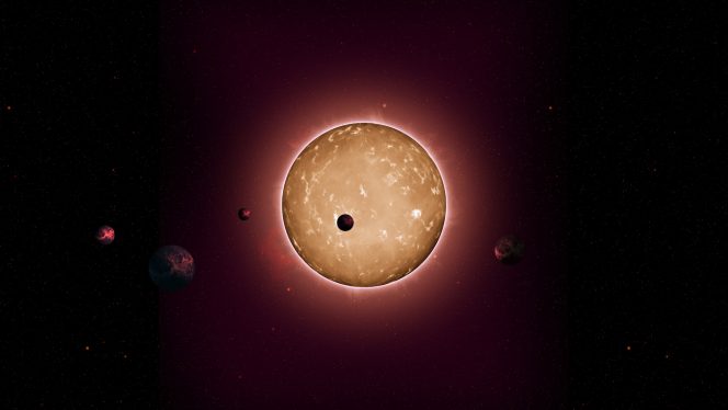 Una rappresentazione artistica del sistema planetario Kepler-444. Crediti: Tiago Campante/Peter Devine 