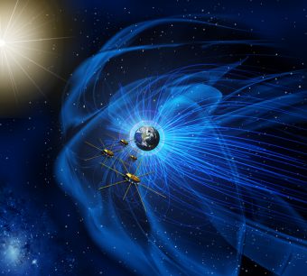 Rappresentazione artistica dei quattro veicoli spaziali che compongono la missione MMS della NASA in formazione. Crediti: NASA